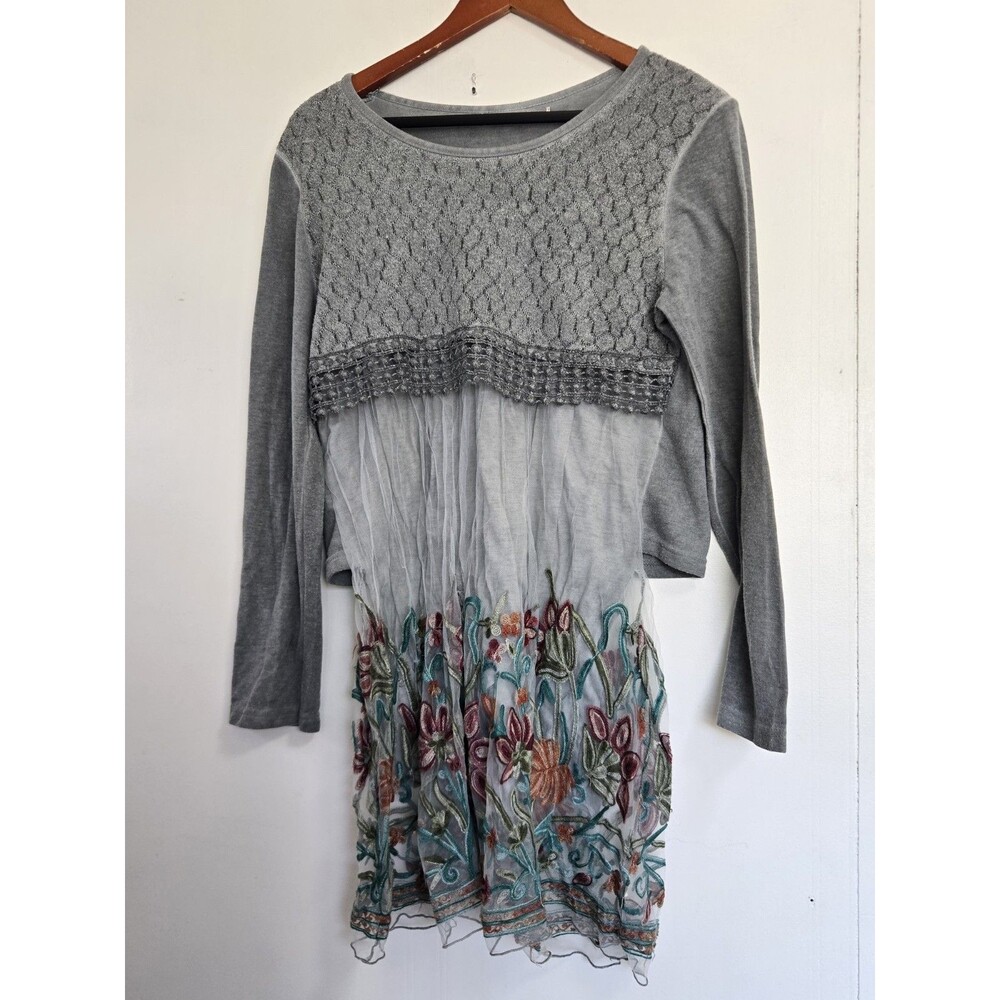 Simply Couture Dress Womens L Grey Boho Sheer Floral Festival Indie Fairy Grunge